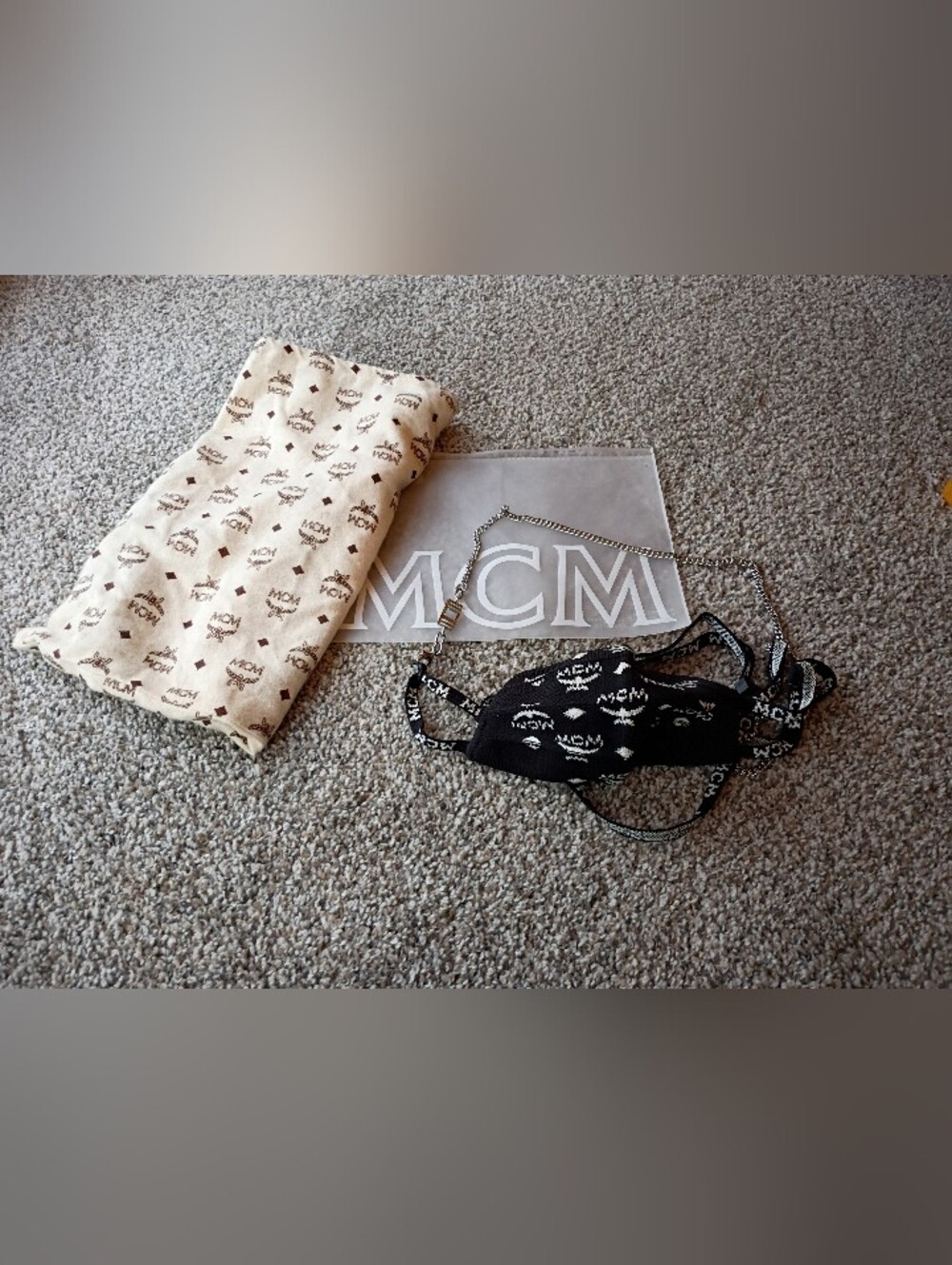 MCM Black and White Logo Face Mask with Silver Chain